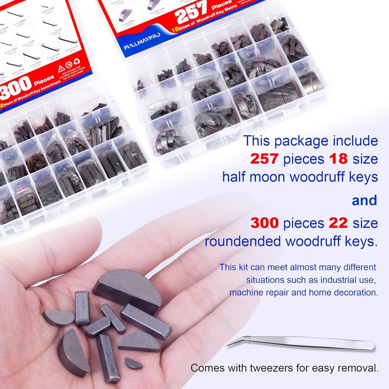 FullMayPro 557PCS Metric Woodruff Key Assortment Kit in 40 Most Popular Sizes, Include 257PCS Woodruff Half Moon Key, 300PCS Round Ended Feather Key for Fasteners Mechanical Industry Crankshaft - Image 4
